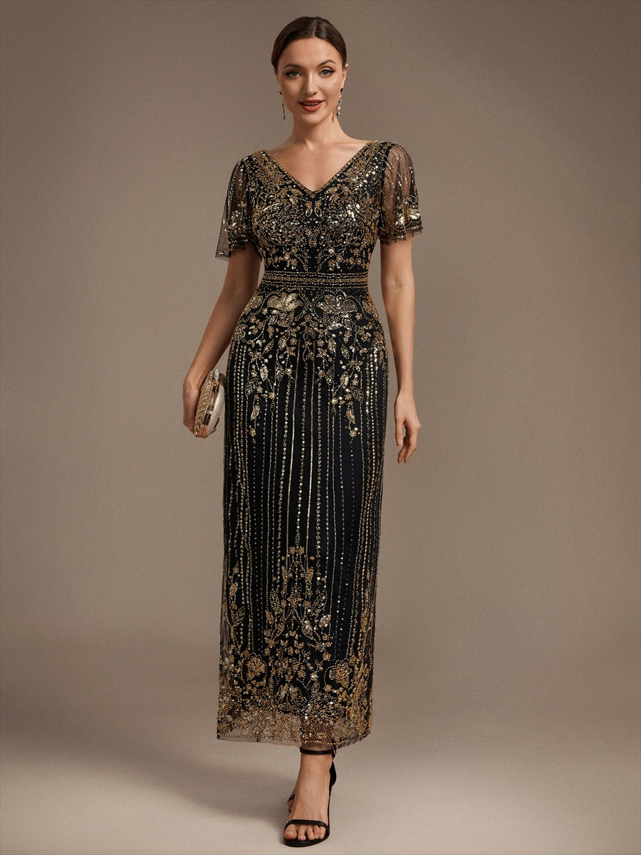 Tüll V-Ausschnitt Etui-Schnitt Volantärmel Reißverschluss hinten Kleid #Farbe_Schwarz & Gold