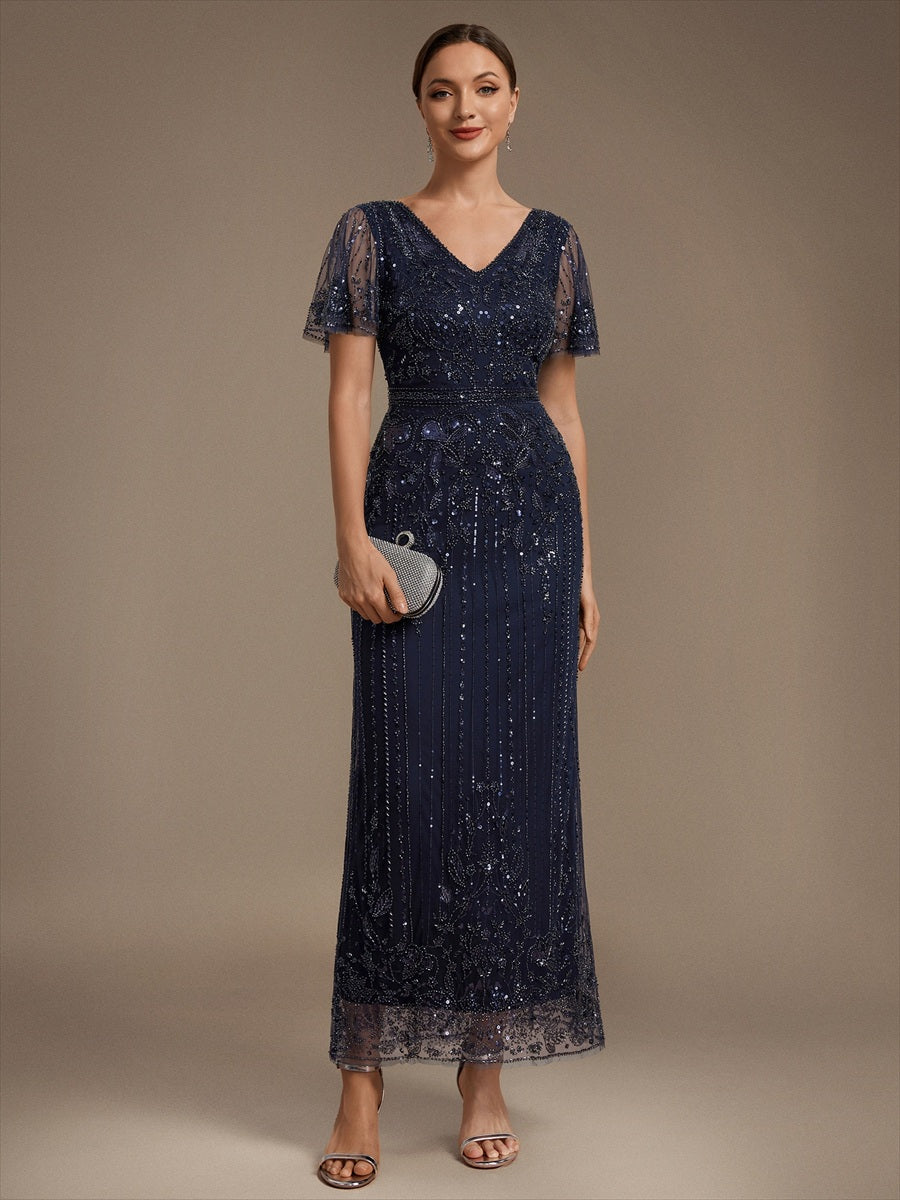 Tüll V-Ausschnitt Etui-Schnitt Volantärmel Reißverschluss hinten Kleid #Farbe_Marineblau