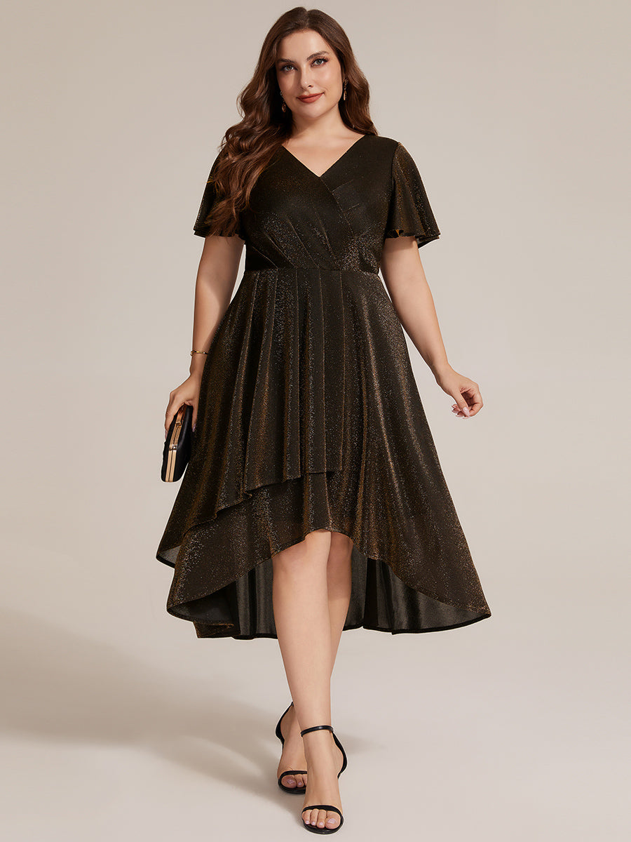 Asymmetrischer Saum Kleid Überkreuzter Ausschnitt A-Linien Schnitt Lurex Netzstoff 3D Drapierung Taschentuchsaum #Farbe_Braun