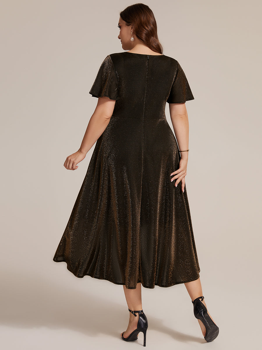 Asymmetrischer Saum Kleid Überkreuzter Ausschnitt A-Linien Schnitt Lurex Netzstoff 3D Drapierung Taschentuchsaum #Farbe_Braun
