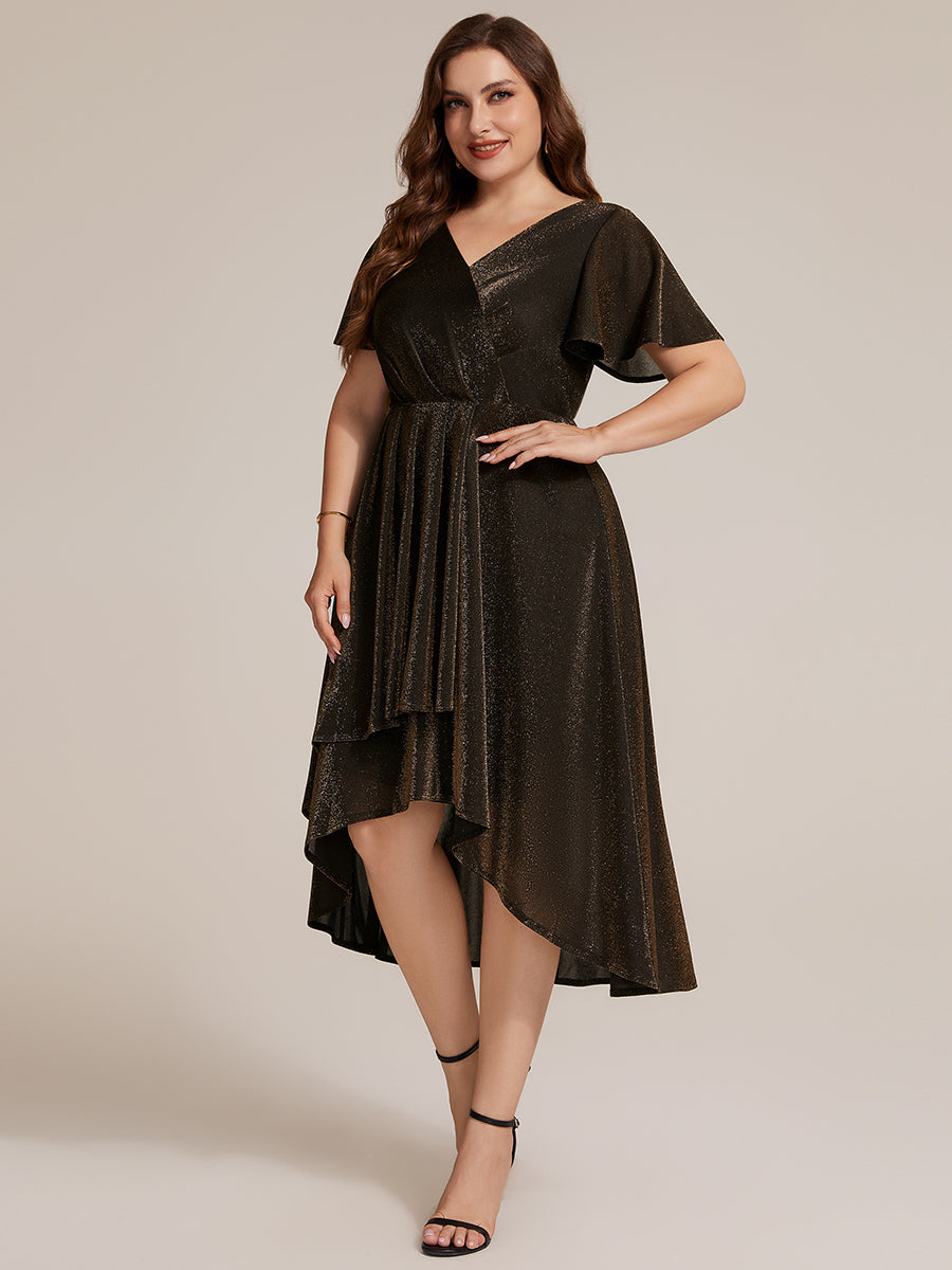 Asymmetrischer Saum Kleid Überkreuzter Ausschnitt A-Linien Schnitt Lurex Netzstoff 3D Drapierung Taschentuchsaum #Farbe_Braun