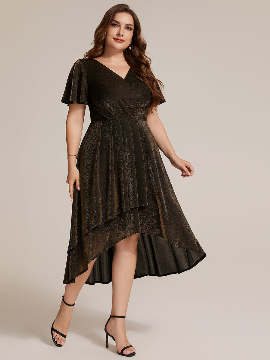 Asymmetrischer Saum Kleid Überkreuzter Ausschnitt A-Linien Schnitt Lurex Netzstoff 3D Drapierung Taschentuchsaum #Farbe_Braun