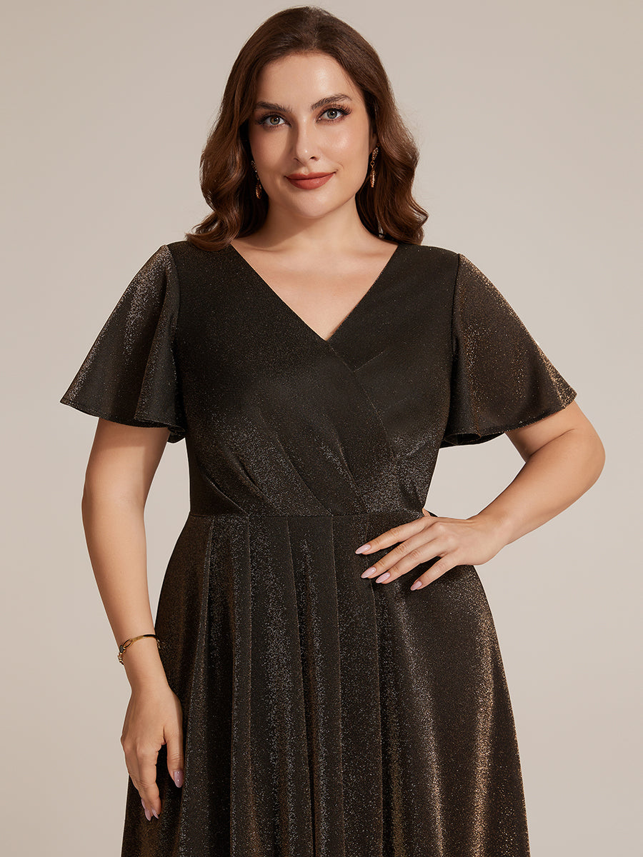 Asymmetrischer Saum Kleid Überkreuzter Ausschnitt A-Linien Schnitt Lurex Netzstoff 3D Drapierung Taschentuchsaum #Farbe_Braun