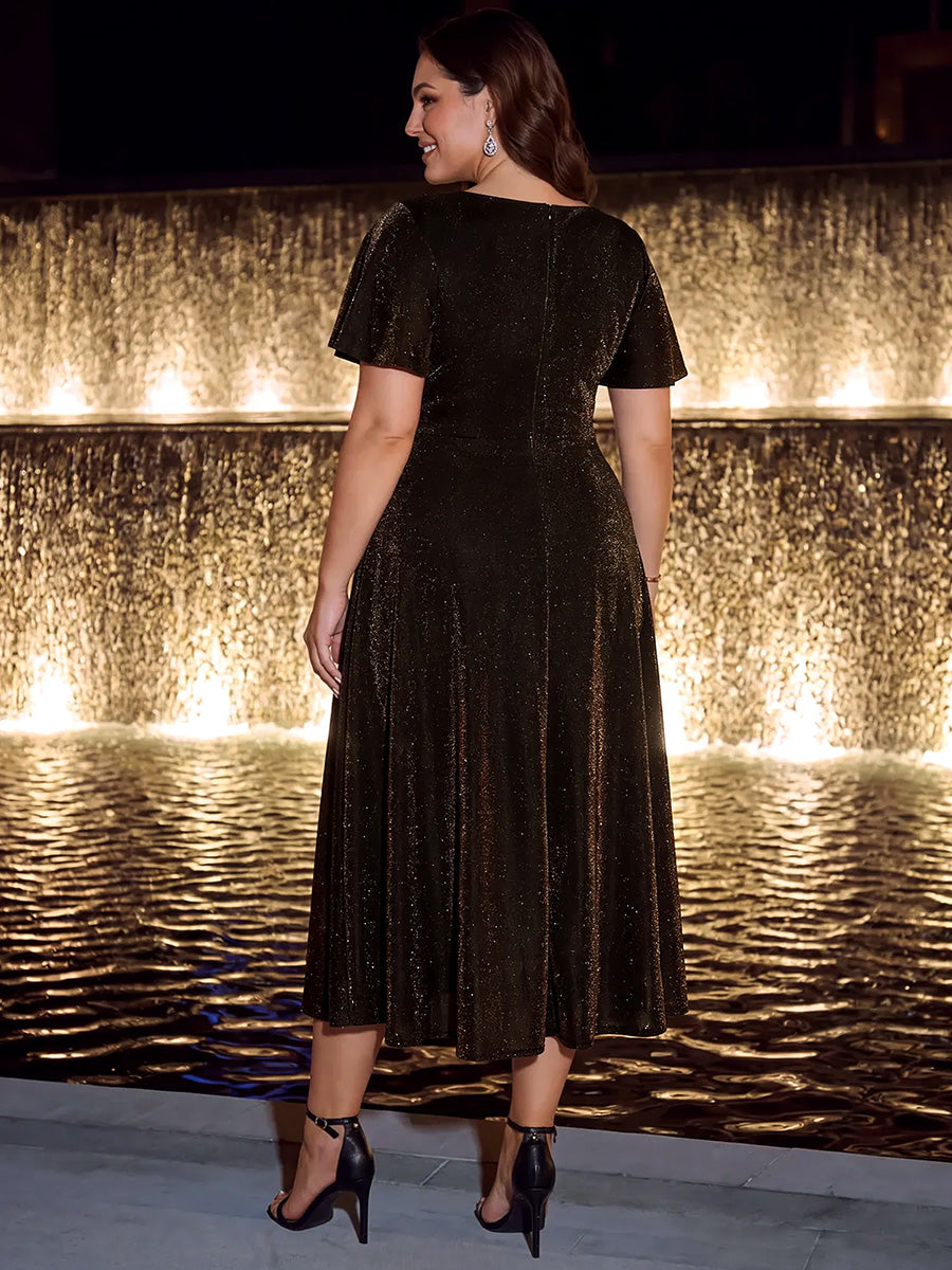 Asymmetrischer Saum Kleid Überkreuzter Ausschnitt A-Linien Schnitt Lurex Netzstoff 3D Drapierung Taschentuchsaum #Farbe_Braun