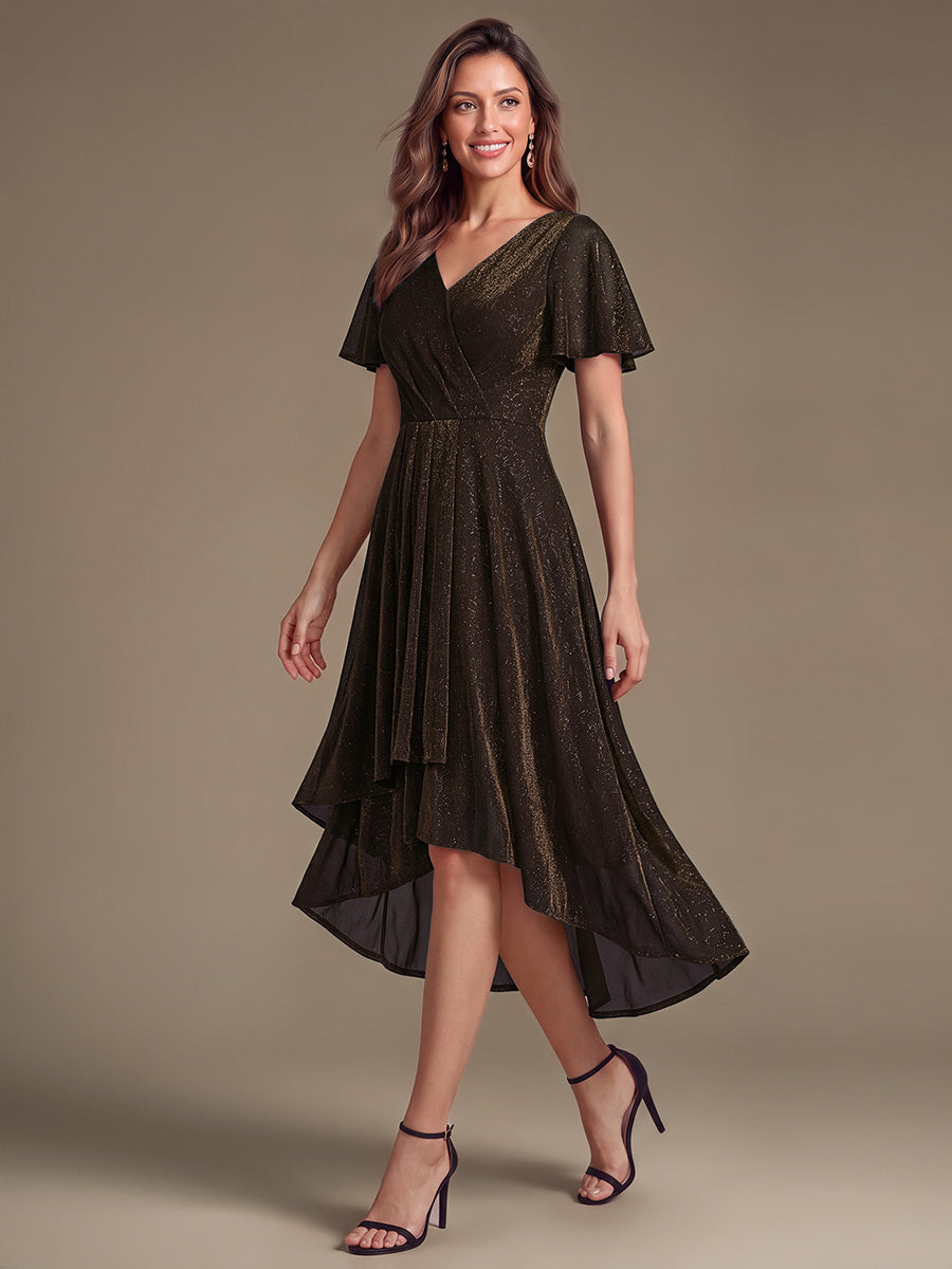 Asymmetrischer Saum Kleid Überkreuzter Ausschnitt A-Linien Schnitt Lurex Netzstoff 3D Drapierung Taschentuchsaum #Farbe_Braun