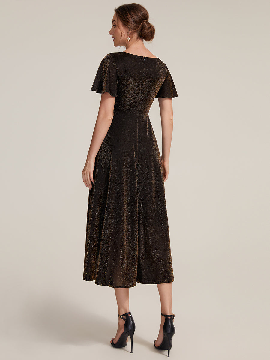 Asymmetrischer Saum Kleid Überkreuzter Ausschnitt A-Linien Schnitt Lurex Netzstoff 3D Drapierung Taschentuchsaum #Farbe_Braun