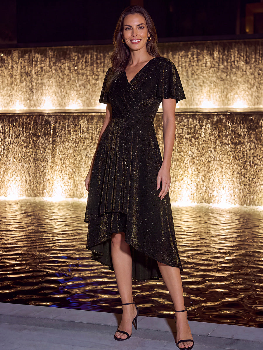 Asymmetrischer Saum Kleid Überkreuzter Ausschnitt A-Linien Schnitt Lurex Netzstoff 3D Drapierung Taschentuchsaum #Farbe_Braun