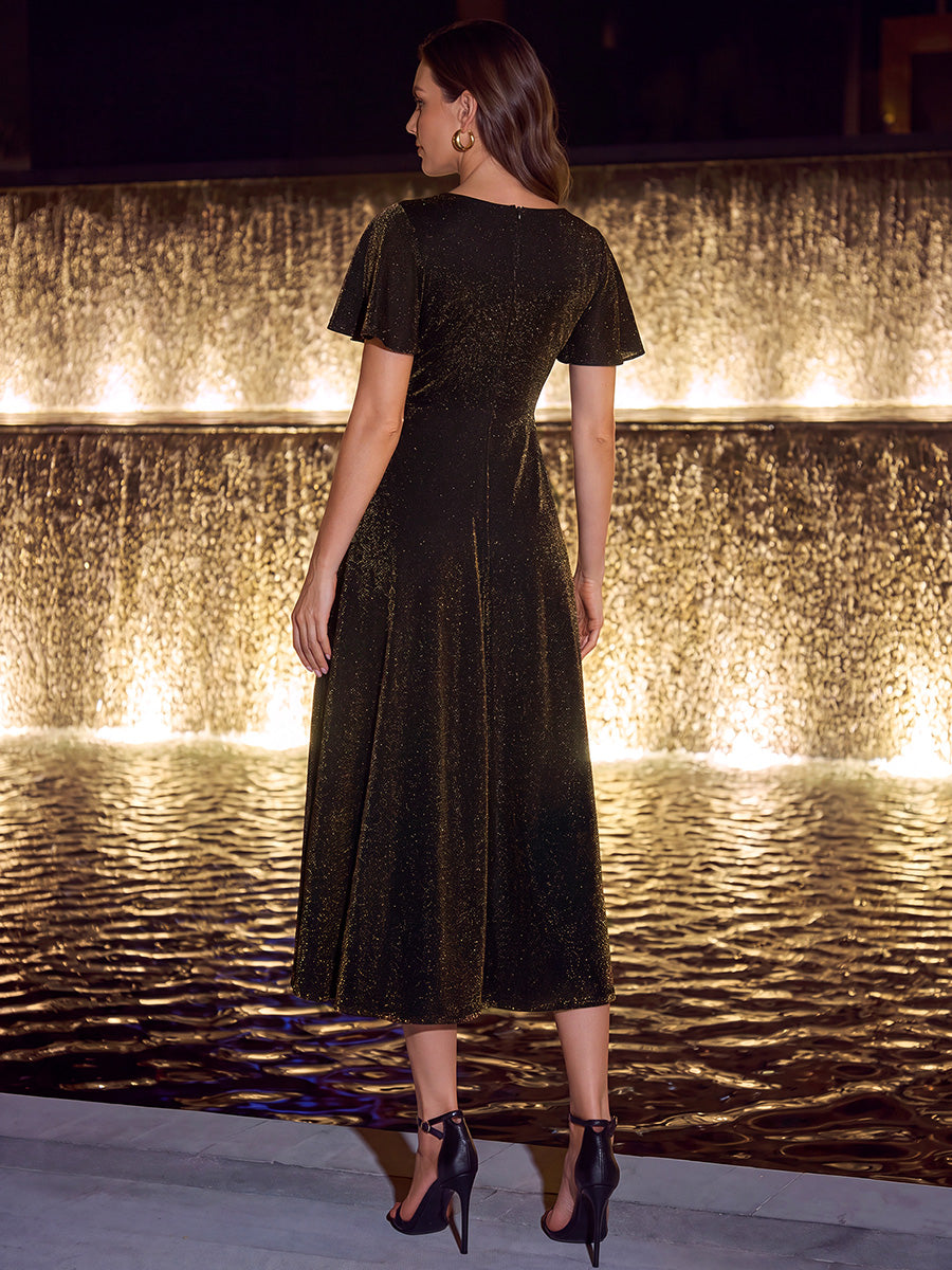 Asymmetrischer Saum Kleid Überkreuzter Ausschnitt A-Linien Schnitt Lurex Netzstoff 3D Drapierung Taschentuchsaum #Farbe_Braun