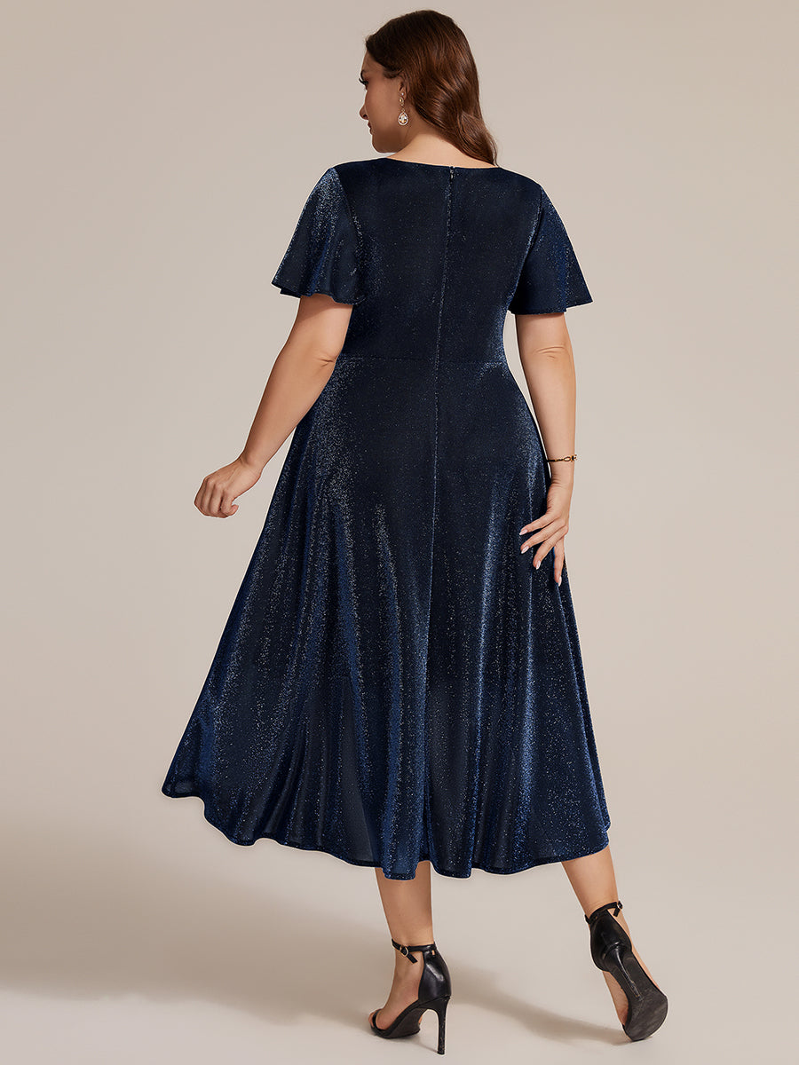 Asymmetrischer Saum Kleid Überkreuzter Ausschnitt A-Linien Schnitt Lurex Netzstoff 3D Drapierung Taschentuchsaum #Farbe_Marineblau