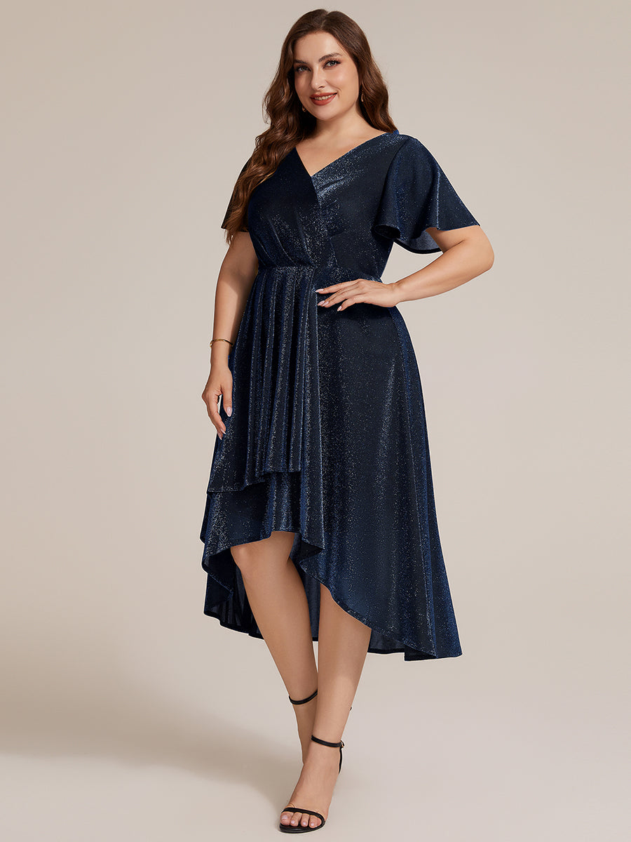 Asymmetrischer Saum Kleid Überkreuzter Ausschnitt A-Linien Schnitt Lurex Netzstoff 3D Drapierung Taschentuchsaum #Farbe_Marineblau