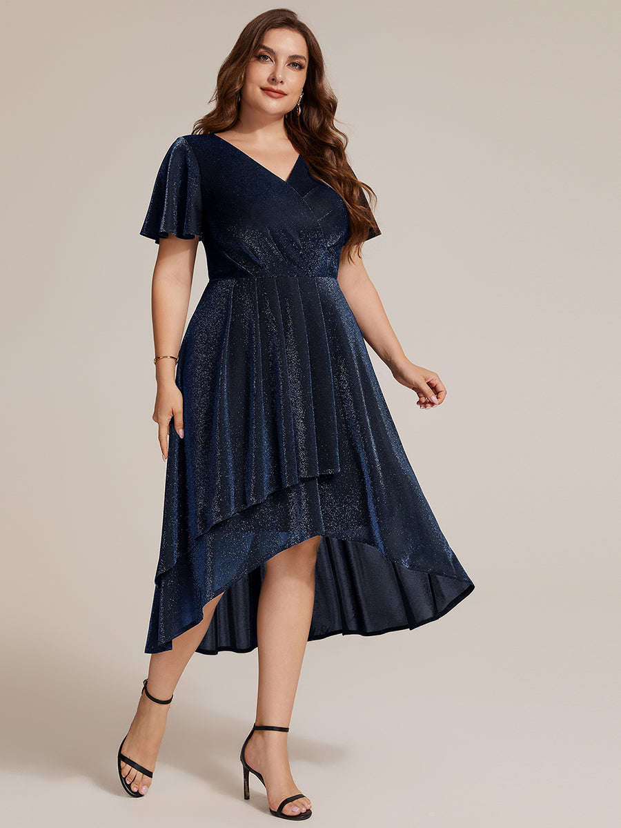 Asymmetrischer Saum Kleid Überkreuzter Ausschnitt A-Linien Schnitt Lurex Netzstoff 3D Drapierung Taschentuchsaum #Farbe_Marineblau