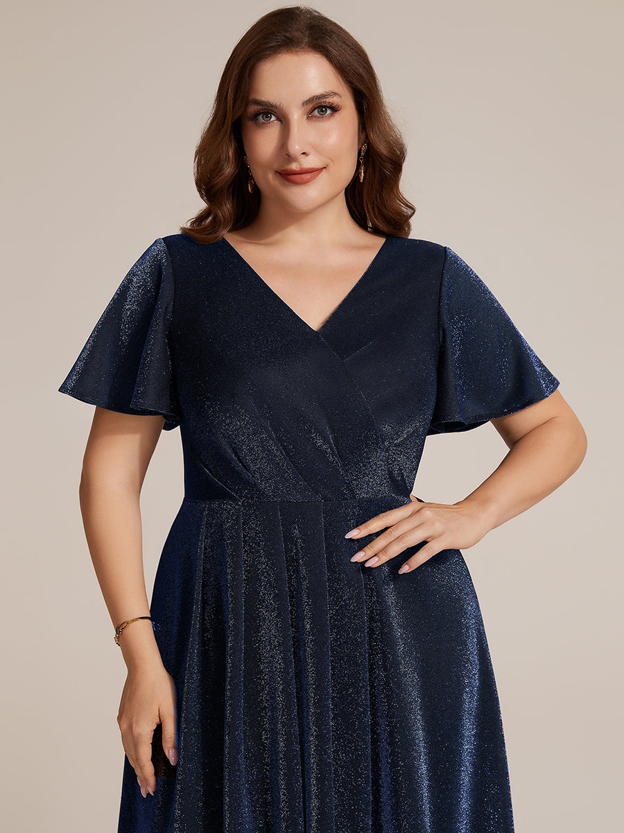 Asymmetrischer Saum Kleid Überkreuzter Ausschnitt A-Linien Schnitt Lurex Netzstoff 3D Drapierung Taschentuchsaum #Farbe_Marineblau