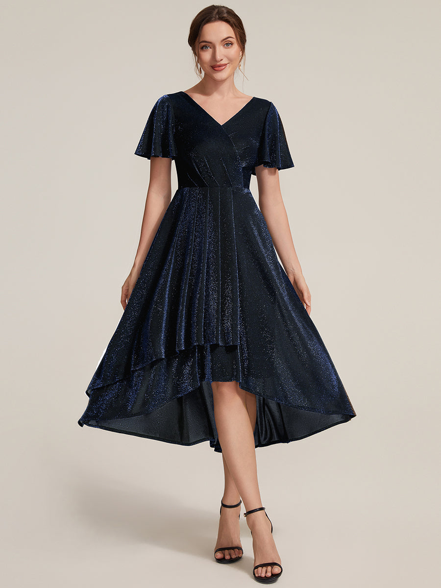 Asymmetrischer Saum Kleid Überkreuzter Ausschnitt A-Linien Schnitt Lurex Netzstoff 3D Drapierung Taschentuchsaum #Farbe_Marineblau