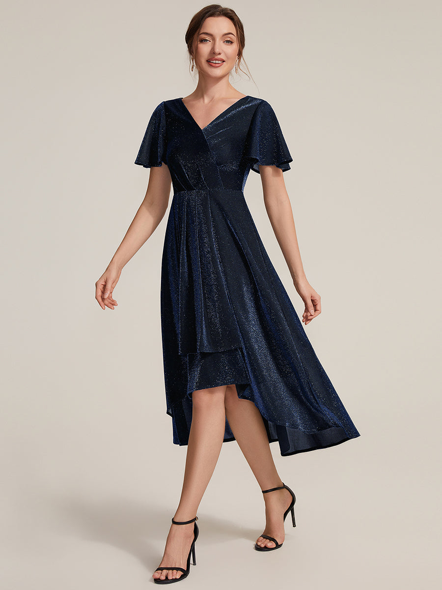 Asymmetrischer Saum Kleid Überkreuzter Ausschnitt A-Linien Schnitt Lurex Netzstoff 3D Drapierung Taschentuchsaum #Farbe_Marineblau