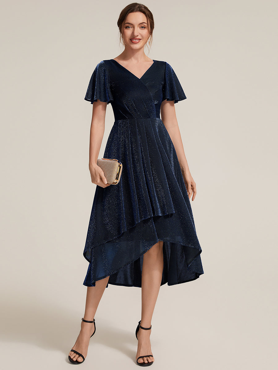 Asymmetrischer Saum Kleid Überkreuzter Ausschnitt A-Linien Schnitt Lurex Netzstoff 3D Drapierung Taschentuchsaum #Farbe_Marineblau