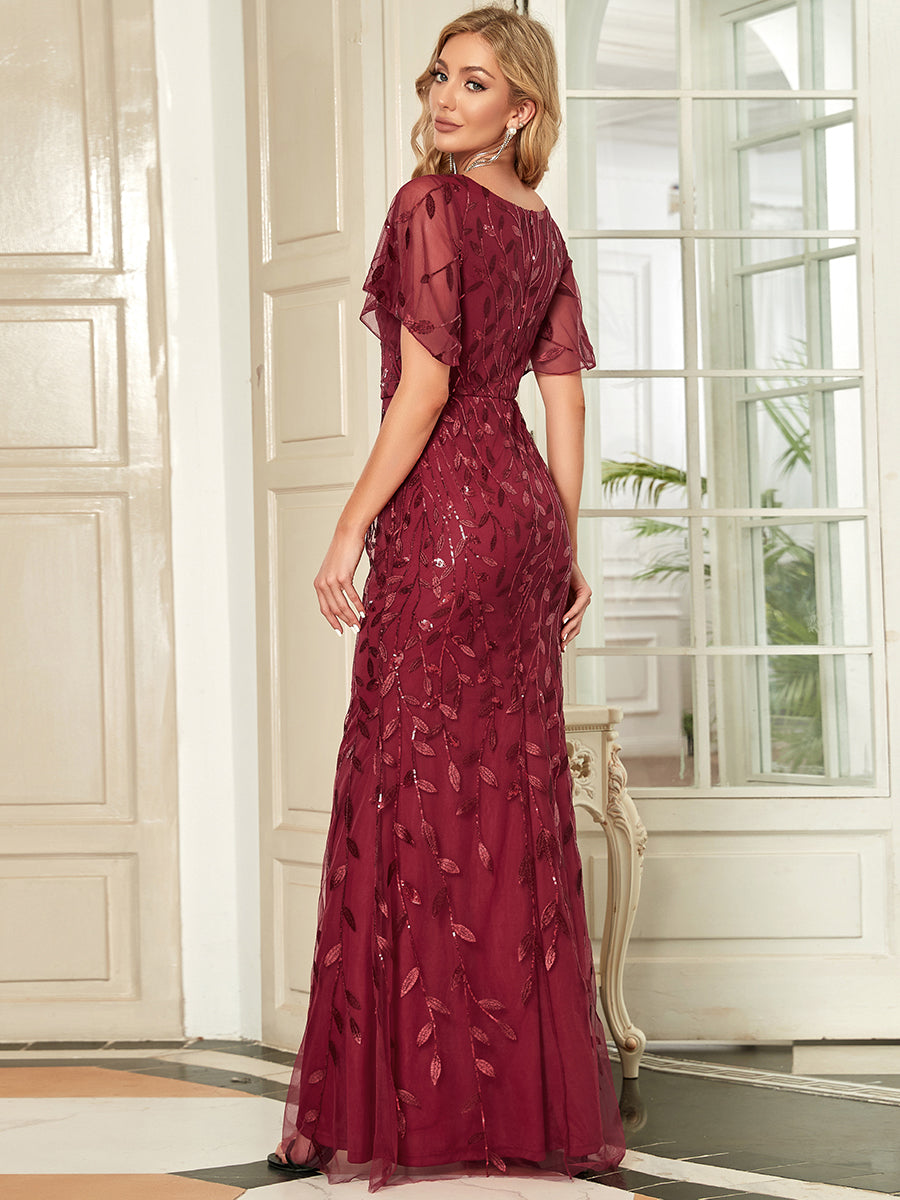 Bodenlanger Meerjungfrau Pailletten Kleid Mit Tiefem V-Ausschnitt Und Blumenmuster Elegantes Abendkleid #Farbe_Burgunderrot