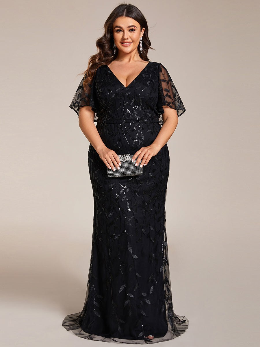 Bodenlanger Meerjungfrau Pailletten Kleid Mit Tiefem V-Ausschnitt Und Blumenmuster Elegantes Abendkleid #Farbe_Schwarz