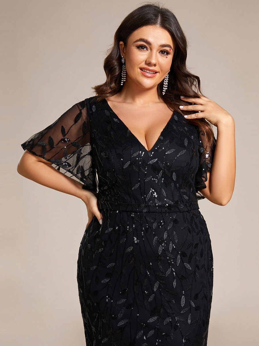 Bodenlanger Meerjungfrau Pailletten Kleid Mit Tiefem V-Ausschnitt Und Blumenmuster Elegantes Abendkleid #Farbe_Schwarz