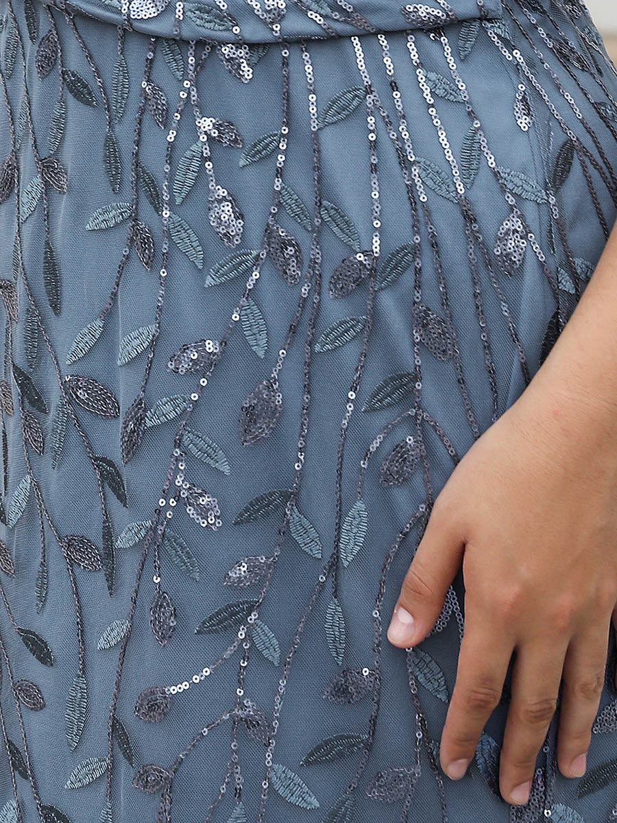 Bodenlanger Meerjungfrau Pailletten Kleid Mit Tiefem V-Ausschnitt Und Blumenmuster Elegantes Abendkleid #Farbe_Taubenblau