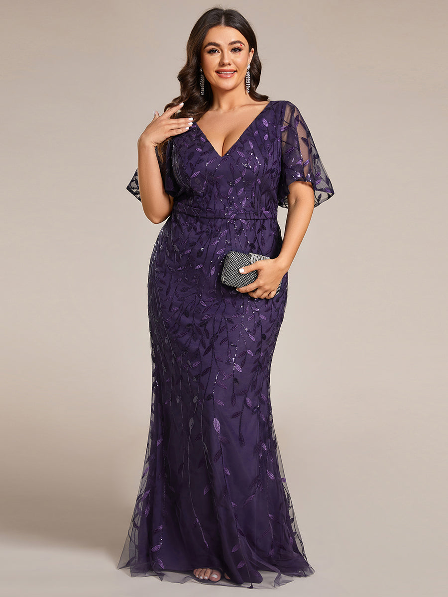 Bodenlanger Meerjungfrau Pailletten Kleid Mit Tiefem V-Ausschnitt Und Blumenmuster Elegantes Abendkleid #Farbe_Dunkelviolett