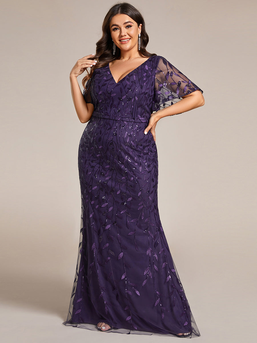 Bodenlanger Meerjungfrau Pailletten Kleid Mit Tiefem V-Ausschnitt Und Blumenmuster Elegantes Abendkleid #Farbe_Dunkelviolett