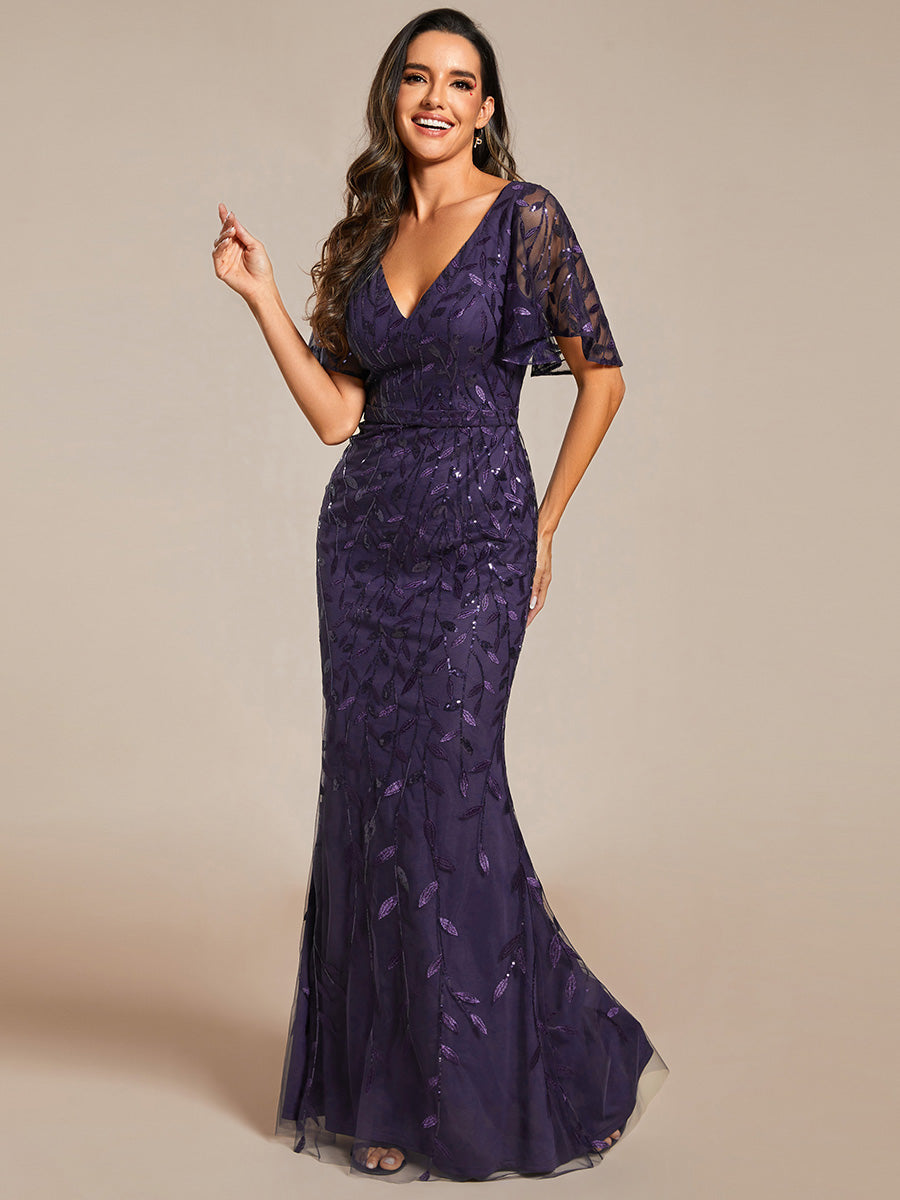 Bodenlanger Meerjungfrau Pailletten Kleid Mit Tiefem V-Ausschnitt Und Blumenmuster Elegantes Abendkleid #Farbe_Dunkelviolett