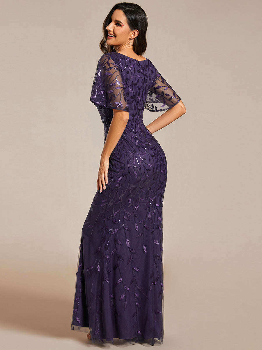 Bodenlanger Meerjungfrau Pailletten Kleid Mit Tiefem V-Ausschnitt Und Blumenmuster Elegantes Abendkleid #Farbe_Dunkelviolett