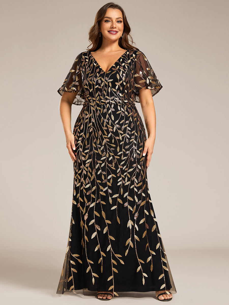 Bodenlanger Meerjungfrau Pailletten Kleid Mit Tiefem V-Ausschnitt Und Blumenmuster Elegantes Abendkleid #Farbe_Schwarz & Gold