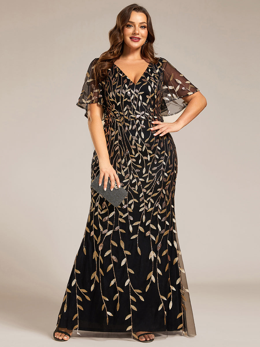 Bodenlanger Meerjungfrau Pailletten Kleid Mit Tiefem V-Ausschnitt Und Blumenmuster Elegantes Abendkleid #Farbe_Schwarz & Gold