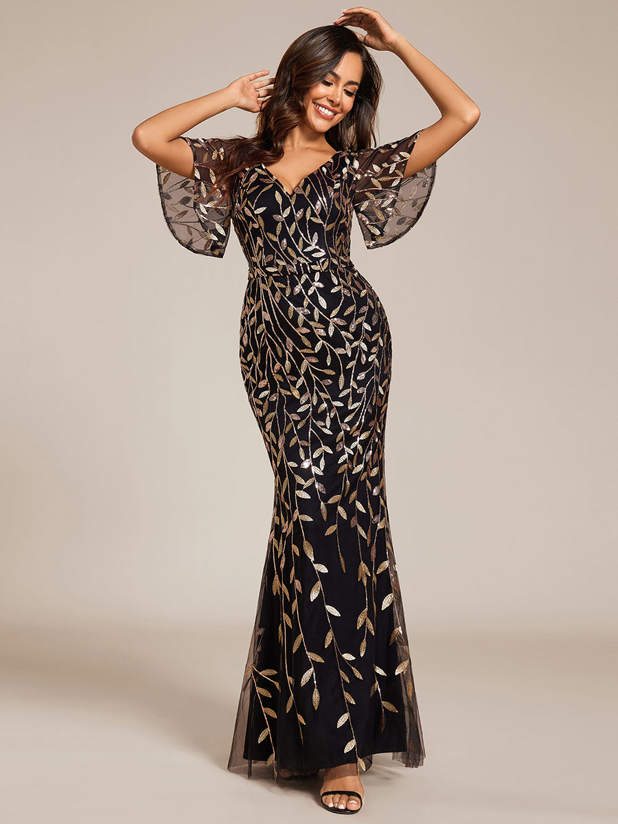 Bodenlanger Meerjungfrau Pailletten Kleid Mit Tiefem V-Ausschnitt Und Blumenmuster Elegantes Abendkleid #Farbe_Schwarz & Gold