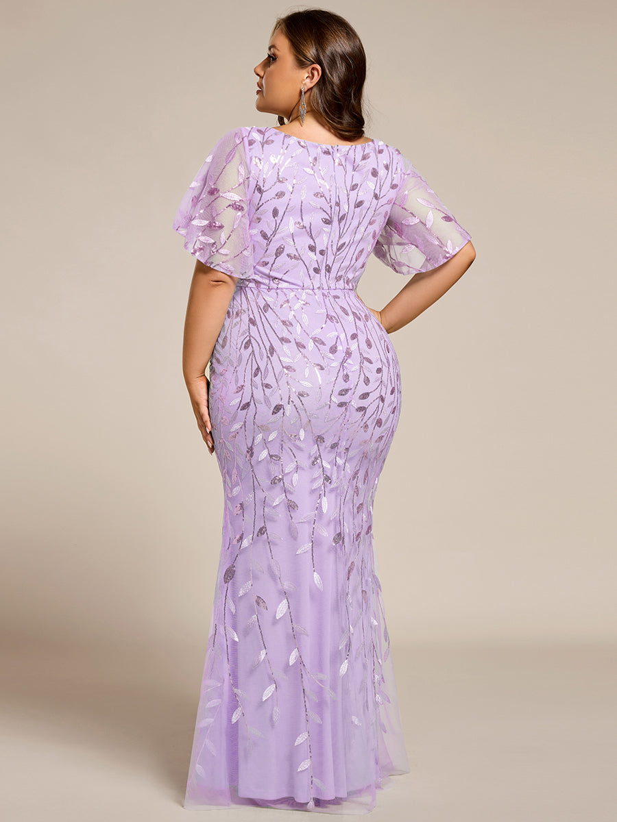 Bodenlanger Meerjungfrau Pailletten Kleid Mit Tiefem V-Ausschnitt Und Blumenmuster Elegantes Abendkleid #Farbe_Lavendel