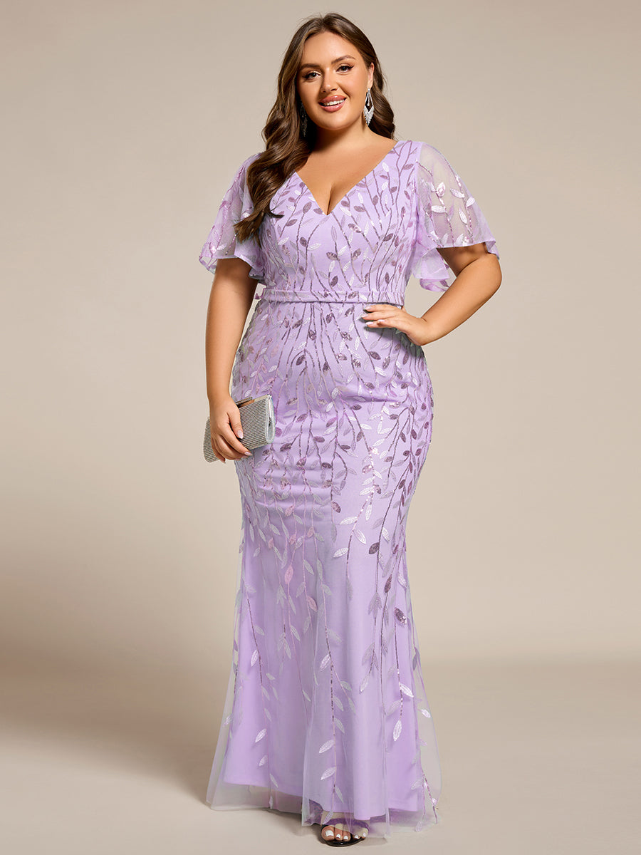 Bodenlanger Meerjungfrau Pailletten Kleid Mit Tiefem V-Ausschnitt Und Blumenmuster Elegantes Abendkleid #Farbe_Lavendel