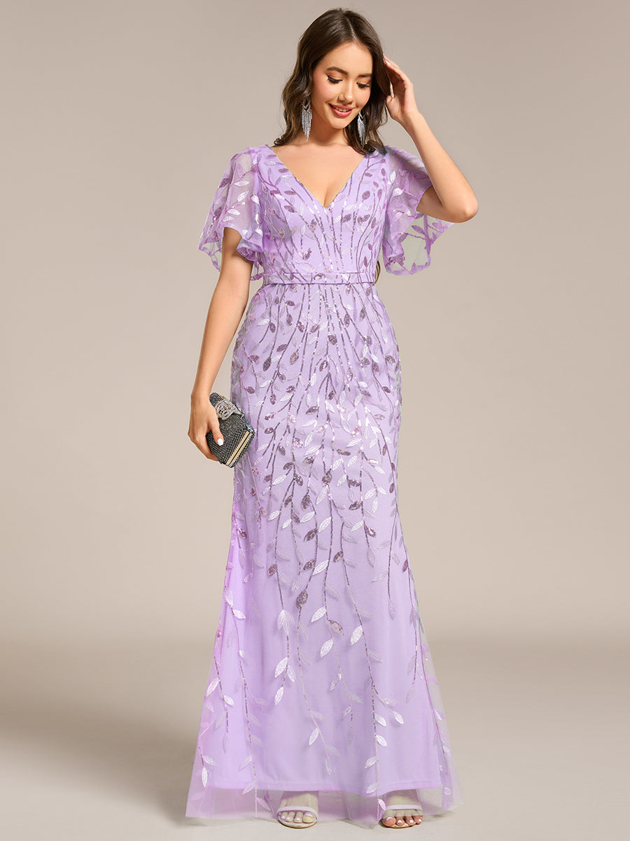 Bodenlanger Meerjungfrau Pailletten Kleid Mit Tiefem V-Ausschnitt Und Blumenmuster Elegantes Abendkleid #Farbe_Lavendel