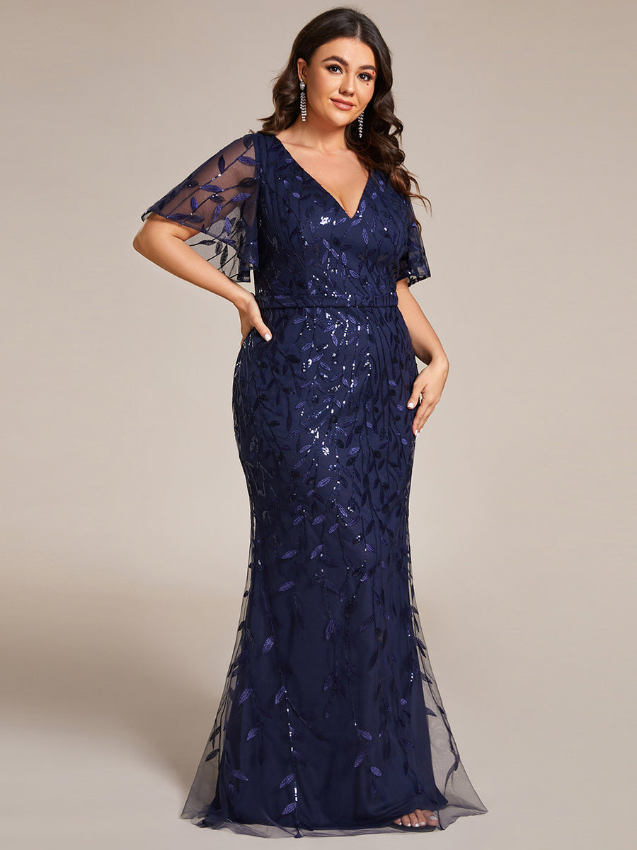 Bodenlanger Meerjungfrau Pailletten Kleid Mit Tiefem V-Ausschnitt Und Blumenmuster Elegantes Abendkleid #Farbe_Marineblau