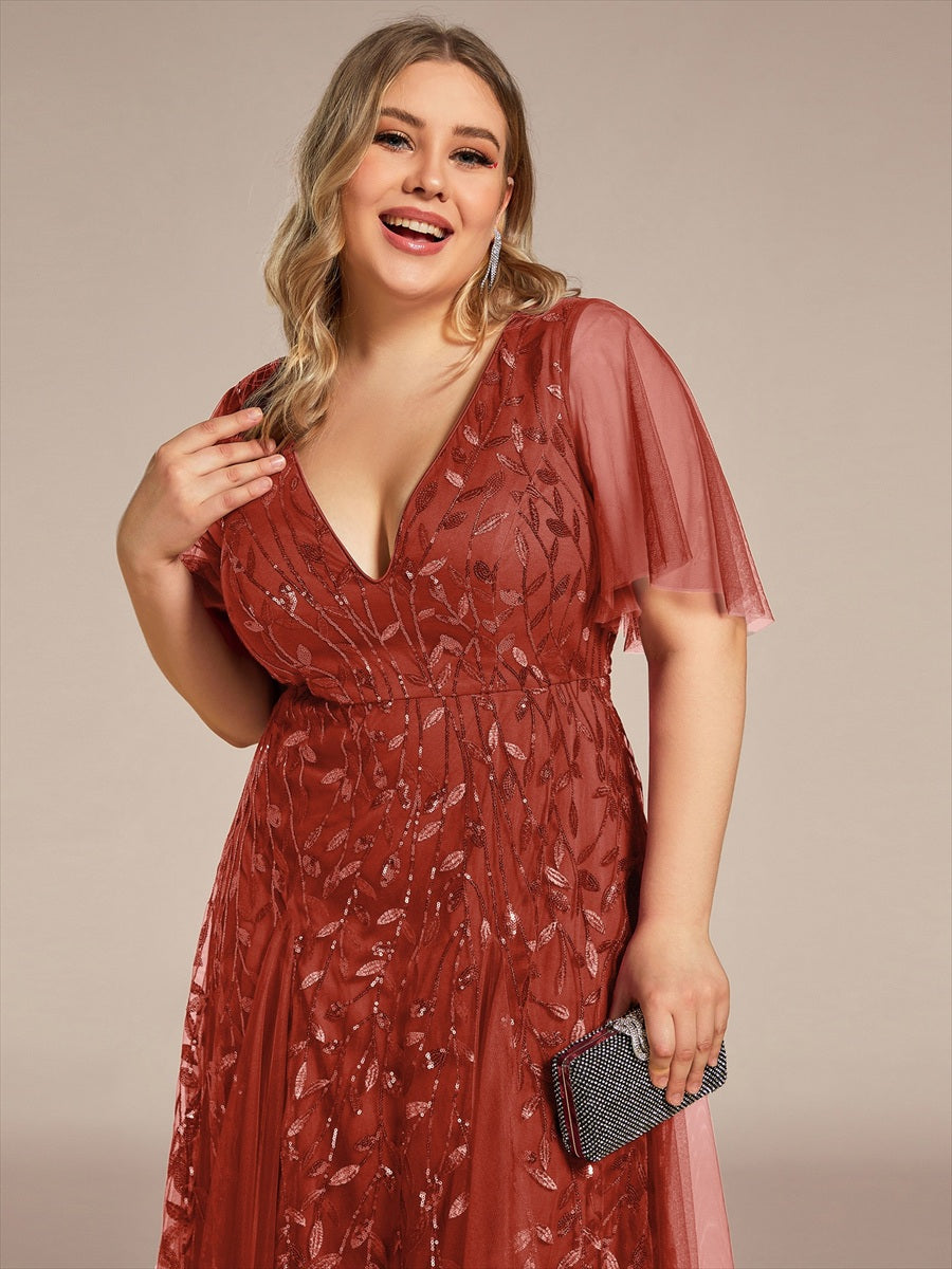 Bodenlanger V-Ausschnitt A-Linie Pailletten Kleid Mit Tiefem V-Ausschnitt Und Funkelnden Details #Farbe_Gebranntes Orange