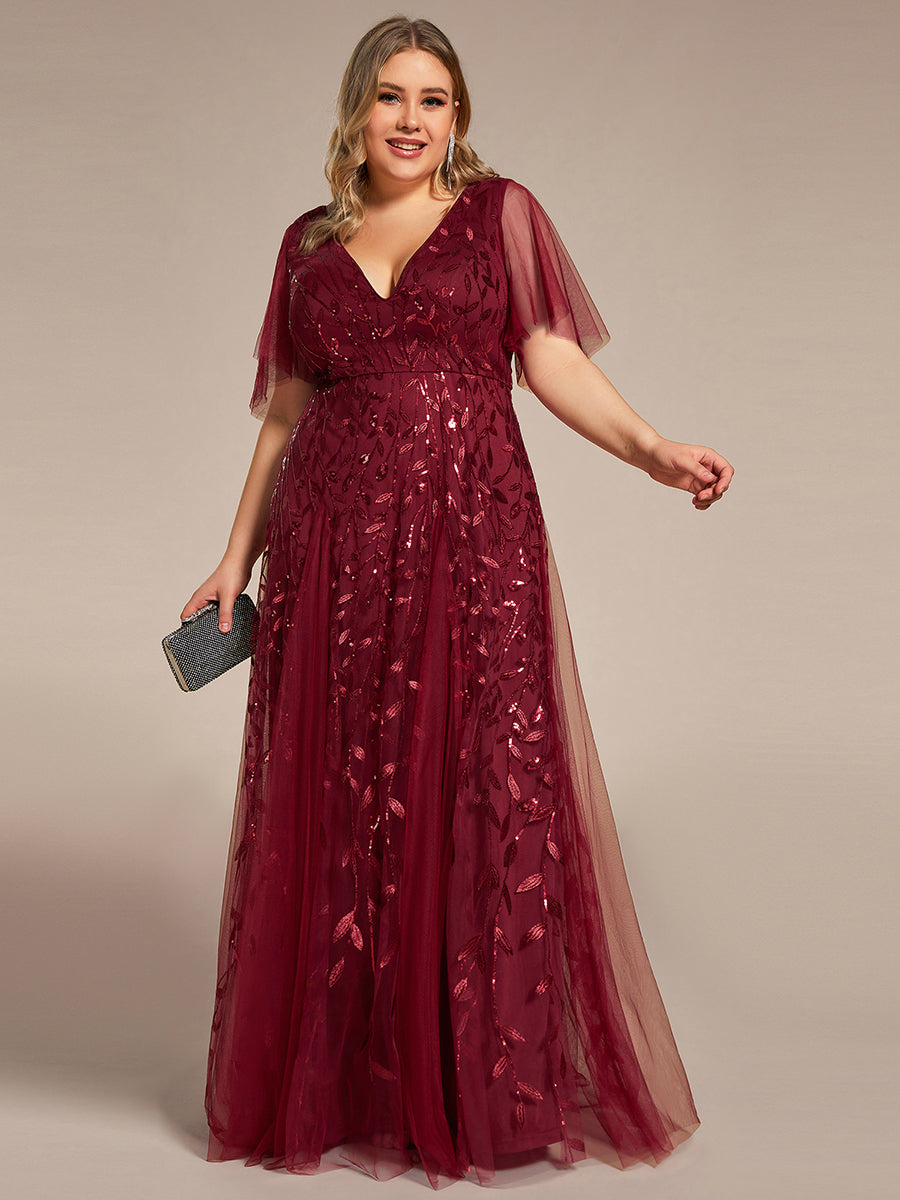 Bodenlanger V-Ausschnitt A-Linie Pailletten Kleid Mit Tiefem V-Ausschnitt Und Funkelnden Details #Farbe_Burgunderrot