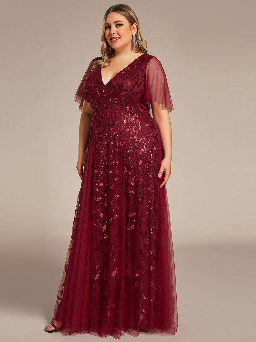 Bodenlanger V-Ausschnitt A-Linie Pailletten Kleid Mit Tiefem V-Ausschnitt Und Funkelnden Details #Farbe_Burgunderrot