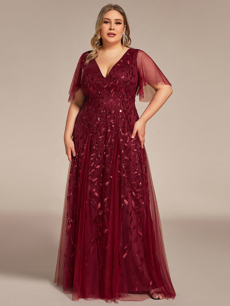 Bodenlanger V-Ausschnitt A-Linie Pailletten Kleid Mit Tiefem V-Ausschnitt Und Funkelnden Details #Farbe_Burgunderrot