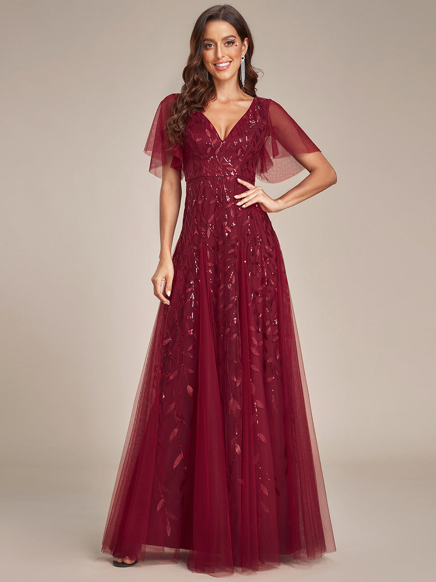Bodenlanger V-Ausschnitt A-Linie Pailletten Kleid Mit Tiefem V-Ausschnitt Und Funkelnden Details #Farbe_Burgunderrot