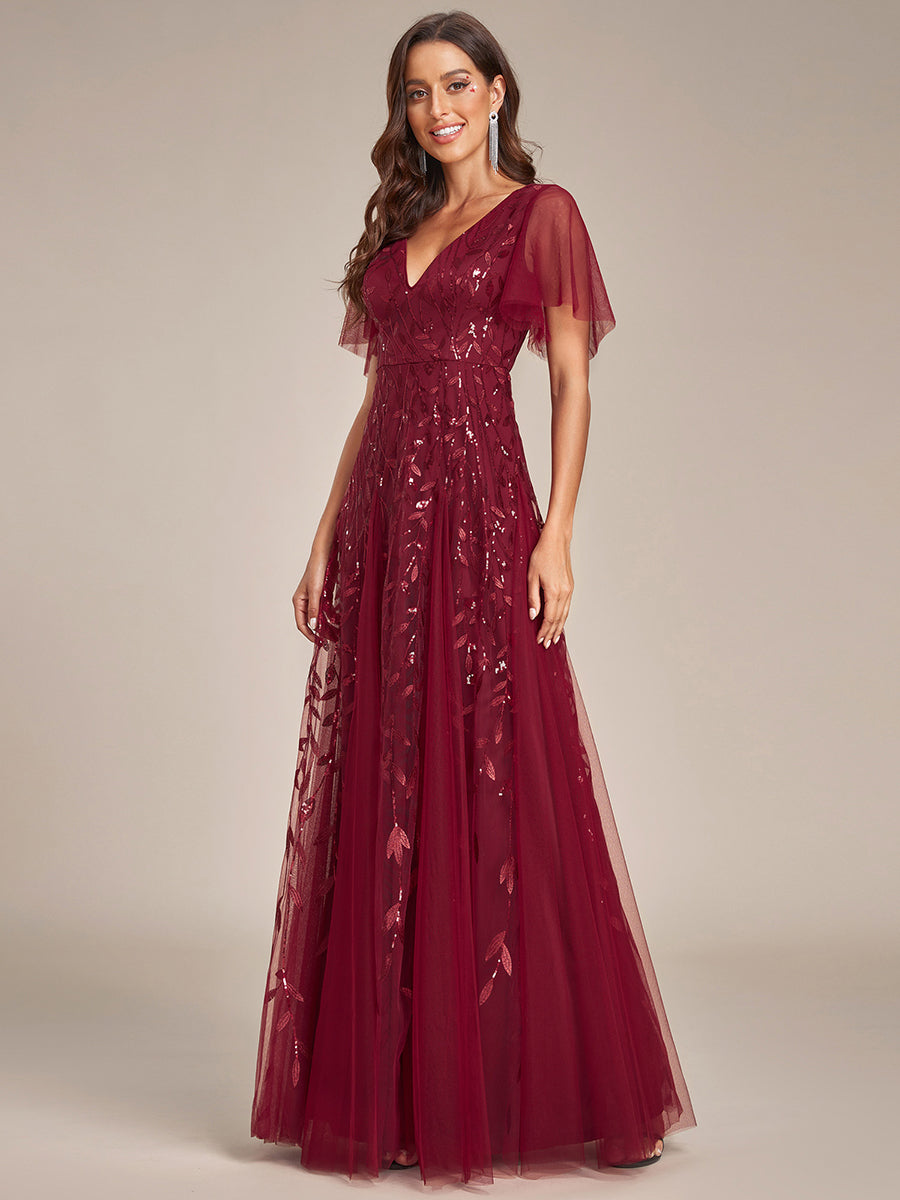 Bodenlanger V-Ausschnitt A-Linie Pailletten Kleid Mit Tiefem V-Ausschnitt Und Funkelnden Details #Farbe_Burgunderrot