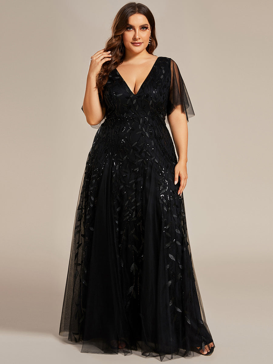 Bodenlanger V-Ausschnitt A-Linie Pailletten Kleid Mit Tiefem V-Ausschnitt Und Funkelnden Details #Farbe_Schwarz