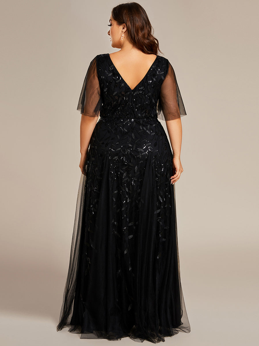 Bodenlanger V-Ausschnitt A-Linie Pailletten Kleid Mit Tiefem V-Ausschnitt Und Funkelnden Details #Farbe_Schwarz