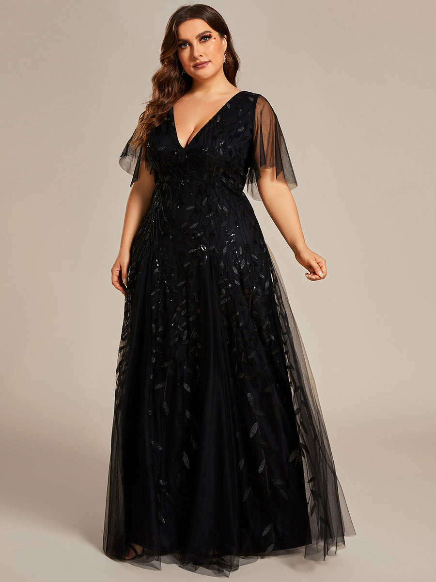 Bodenlanger V-Ausschnitt A-Linie Pailletten Kleid Mit Tiefem V-Ausschnitt Und Funkelnden Details #Farbe_Schwarz