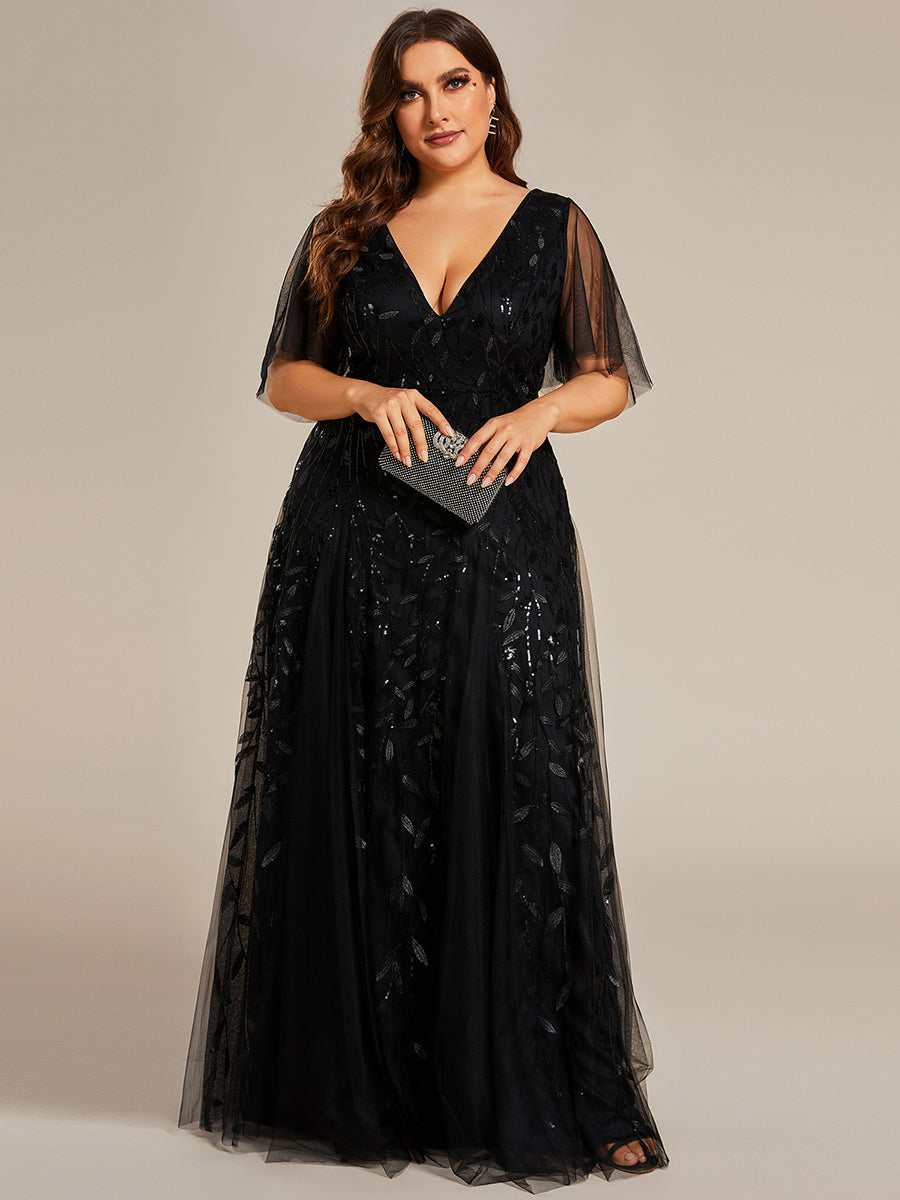 Bodenlanger V-Ausschnitt A-Linie Pailletten Kleid Mit Tiefem V-Ausschnitt Und Funkelnden Details #Farbe_Schwarz