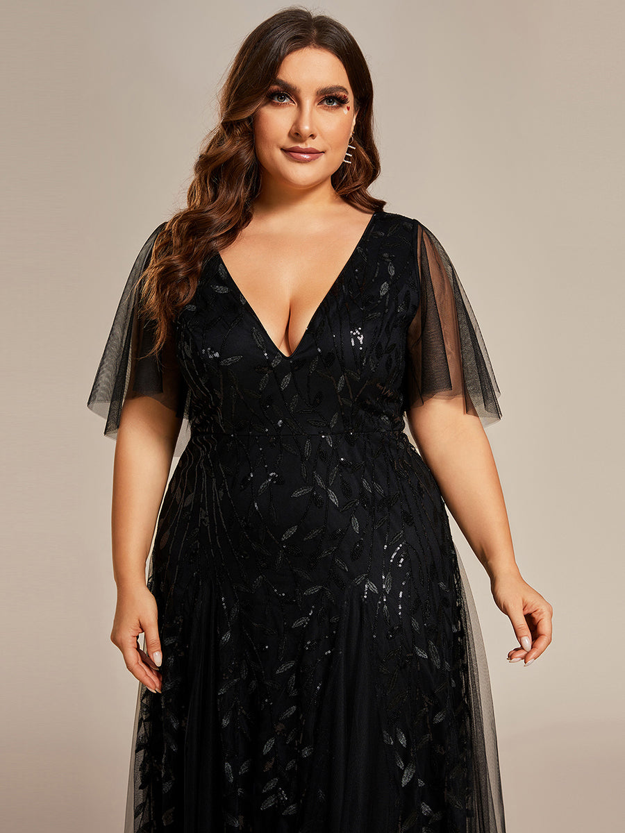 Bodenlanger V-Ausschnitt A-Linie Pailletten Kleid Mit Tiefem V-Ausschnitt Und Funkelnden Details #Farbe_Schwarz