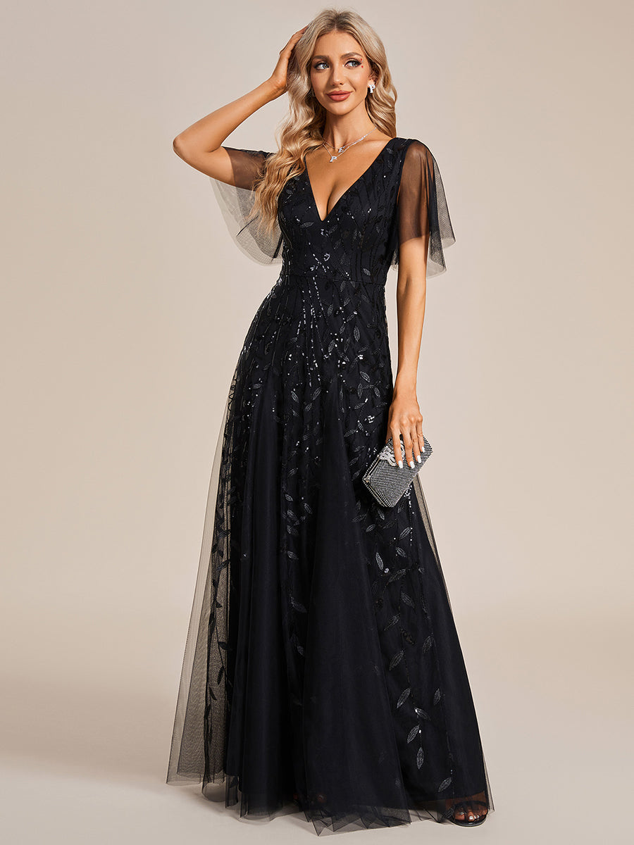 Bodenlanger V-Ausschnitt A-Linie Pailletten Kleid Mit Tiefem V-Ausschnitt Und Funkelnden Details #Farbe_Schwarz