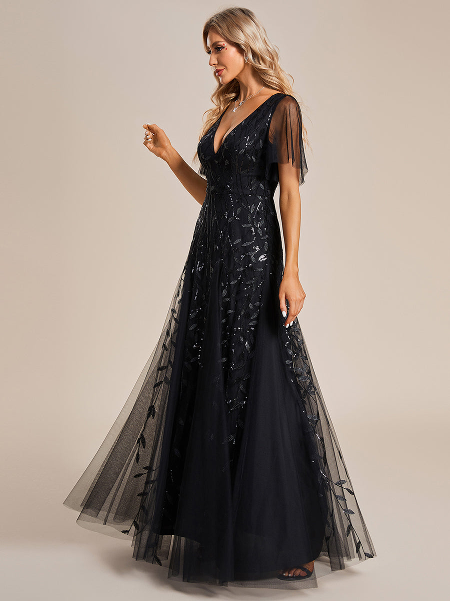 Bodenlanger V-Ausschnitt A-Linie Pailletten Kleid Mit Tiefem V-Ausschnitt Und Funkelnden Details #Farbe_Schwarz