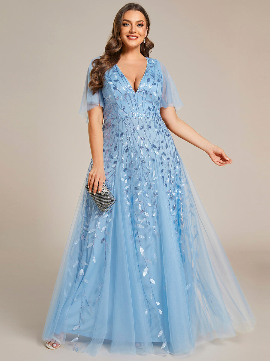 Bodenlanger V-Ausschnitt A-Linie Pailletten Kleid Mit Tiefem V-Ausschnitt Und Funkelnden Details #Farbe_Himmelblau