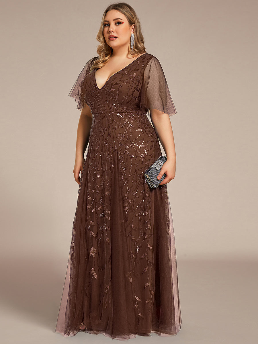 Bodenlanger V-Ausschnitt A-Linie Pailletten Kleid Mit Tiefem V-Ausschnitt Und Funkelnden Details #Farbe_Braun