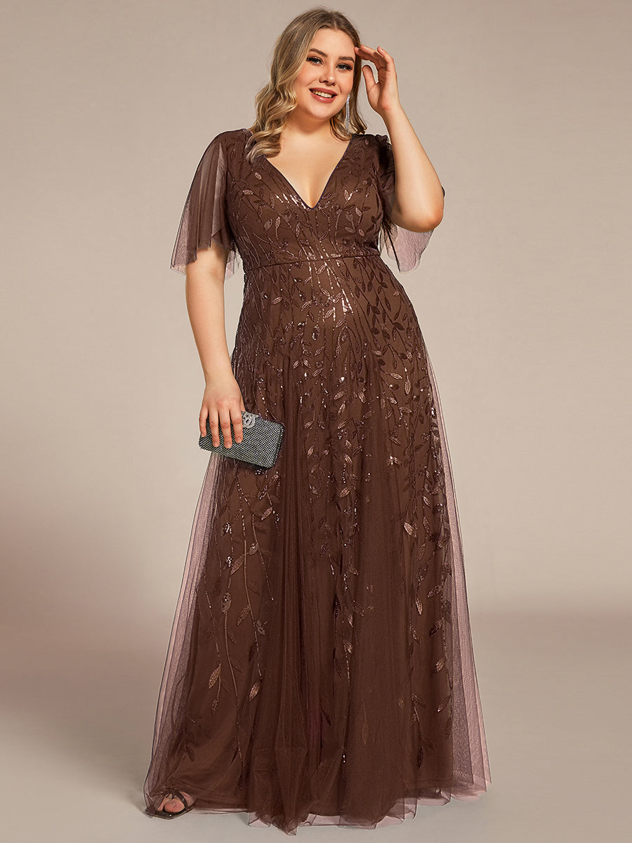 Bodenlanger V-Ausschnitt A-Linie Pailletten Kleid Mit Tiefem V-Ausschnitt Und Funkelnden Details #Farbe_Braun